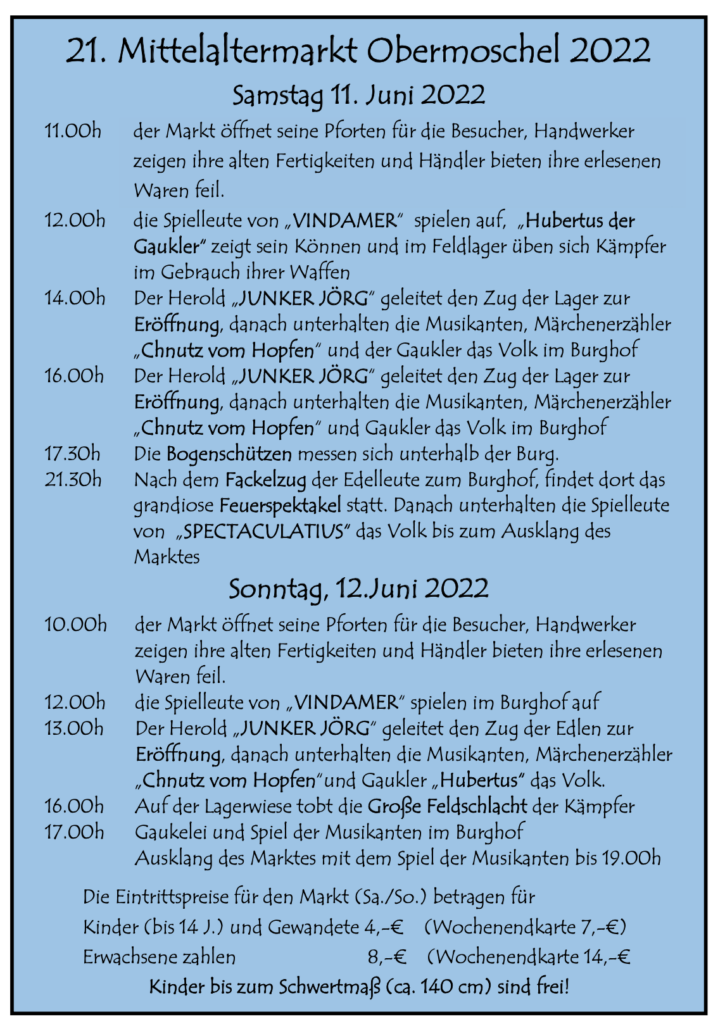 Programm 21. Mittelaltermarkt Obermoschel 2022